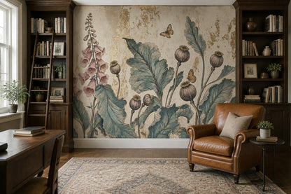 Vintage Botanical Wallpaper Floral Wallpaper Distressed Texture Wall Mural