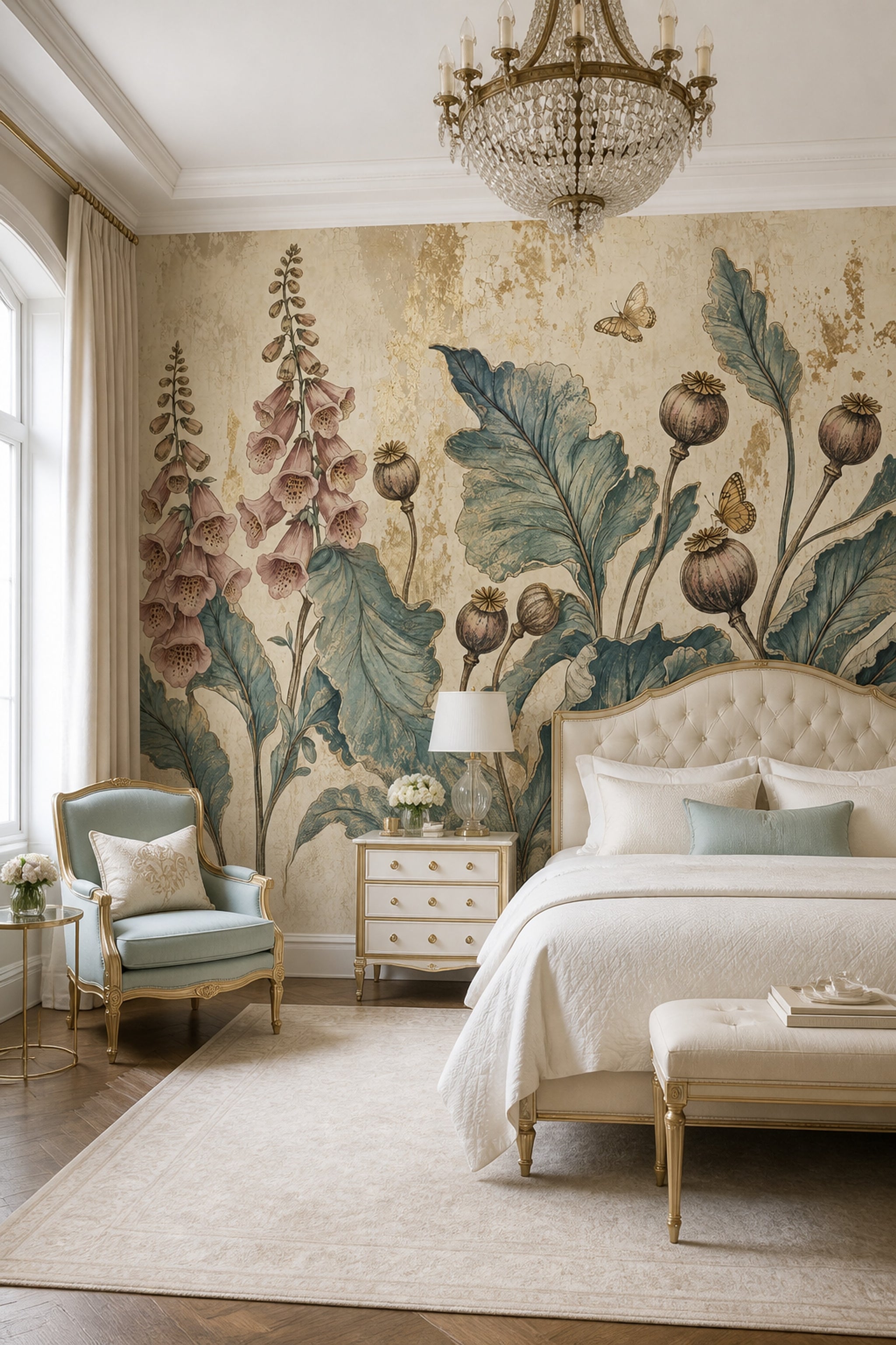 Vintage Botanical Wallpaper Floral Wallpaper Distressed Texture Wall Mural
