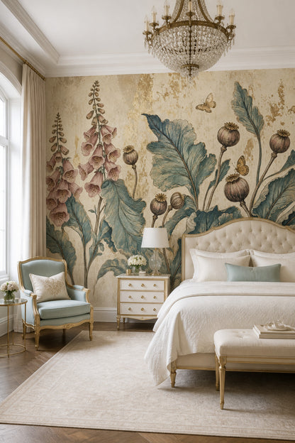 Vintage Botanical Wallpaper Floral Wallpaper Distressed Texture Wall Mural