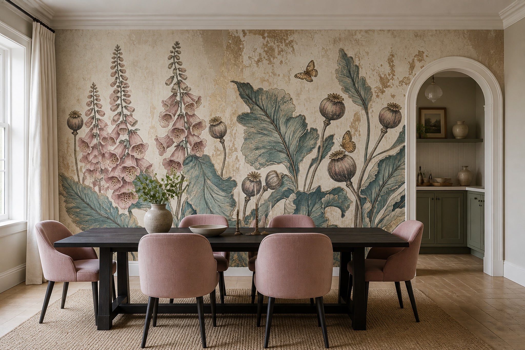 Vintage Botanical Wallpaper Floral Wallpaper Distressed Texture Wall Mural