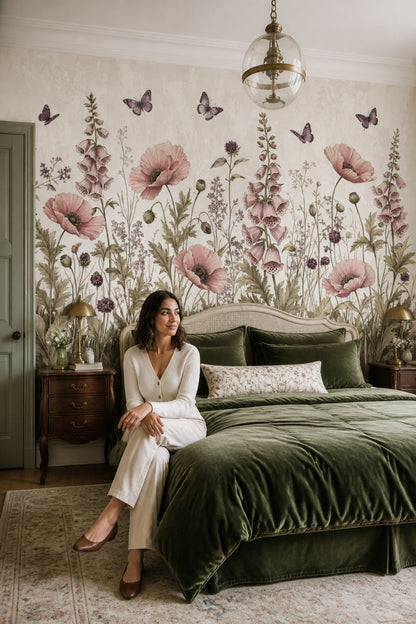 Botanical Wallpaper Wildflowers Removable Butterflies Wall Decor