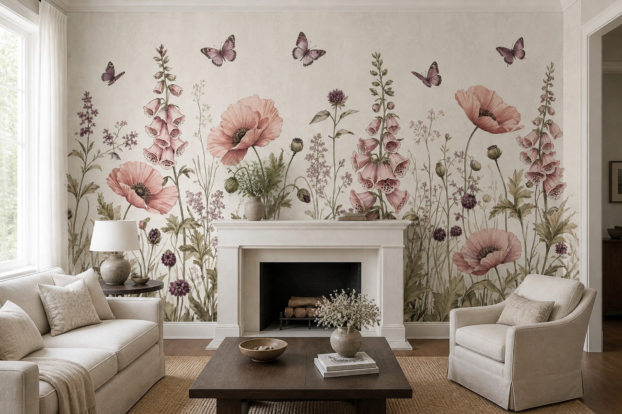 Botanical Wallpaper Wildflowers Removable Butterflies Wall Decor