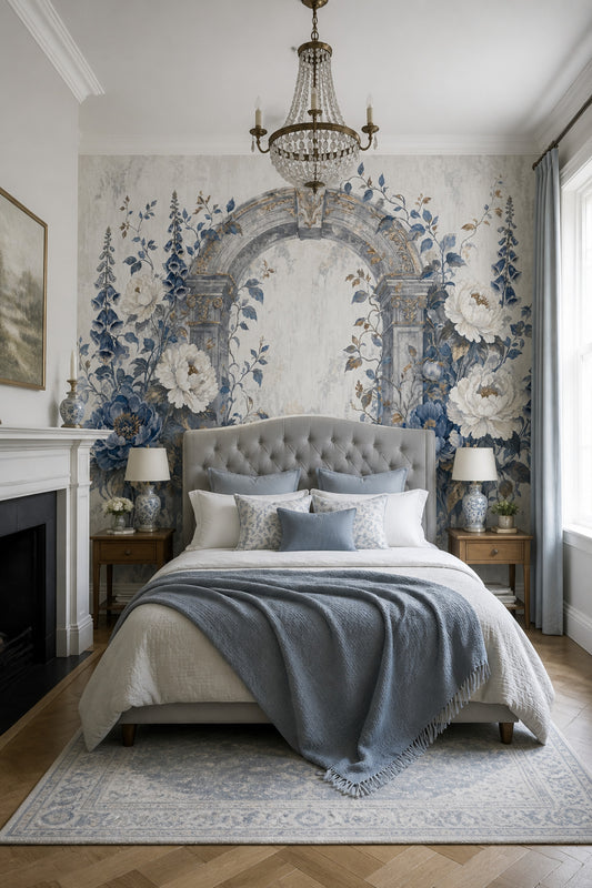 Floral Arch Wallpaper Vintage Garden Removable Blue Flowers Wall Decor