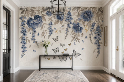 Blue Flowers Wallpaper Floral Botanical Removable Wall Decor