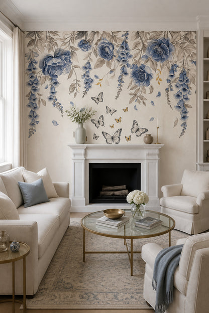 Blue Flowers Wallpaper Floral Botanical Removable Wall Decor