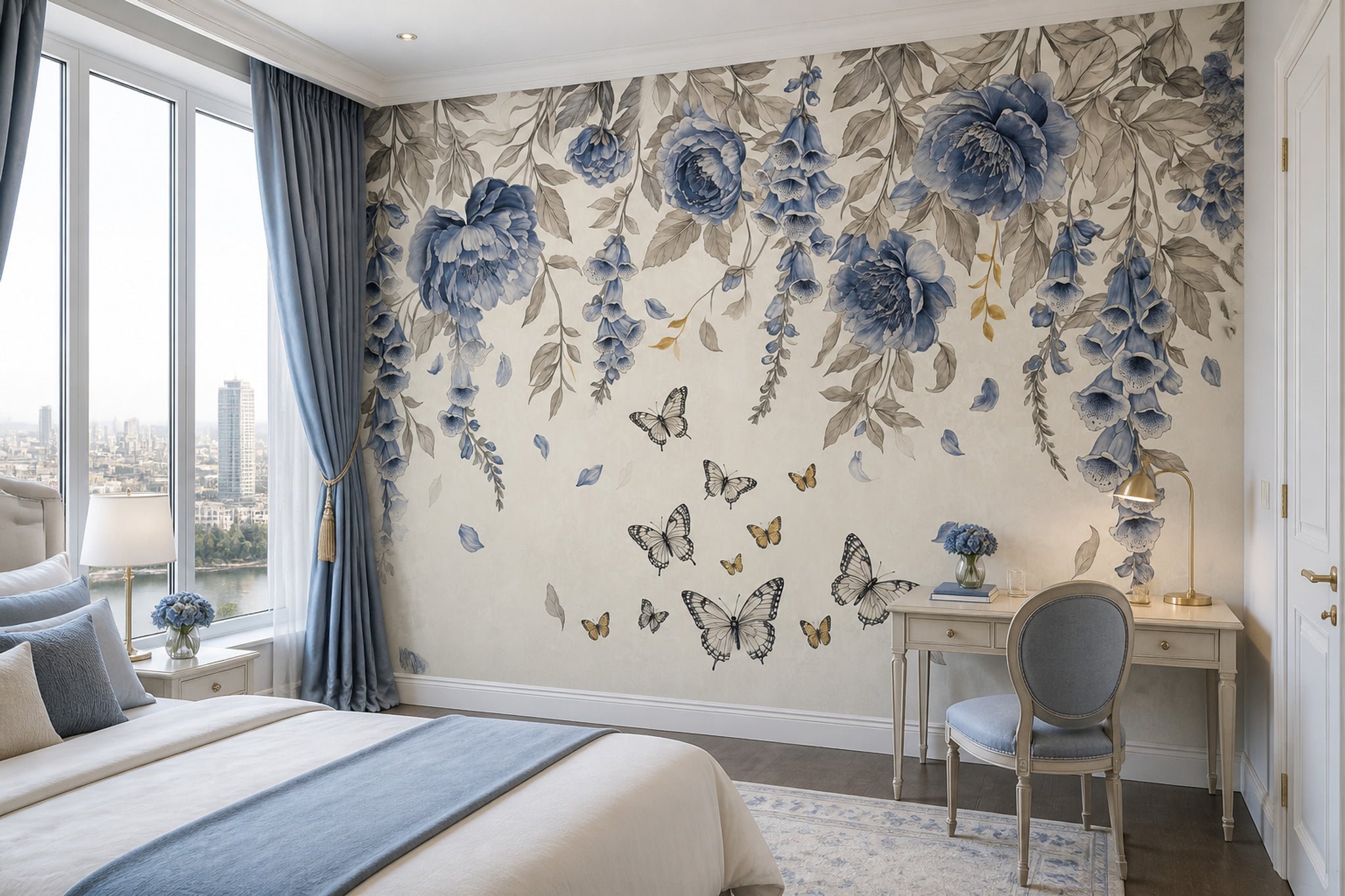 Blue Flowers Wallpaper Floral Botanical Removable Wall Decor