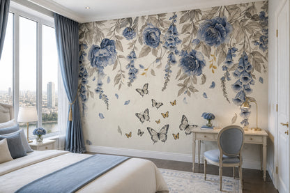 Blue Flowers Wallpaper Floral Botanical Removable Wall Decor