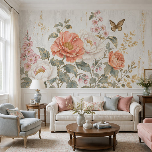 Peonies Wallpaper Vintage Removable Butterfly Wall Decor