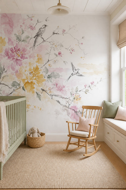 White Background Wallpaper Floral Botanical Removable Wall Decor