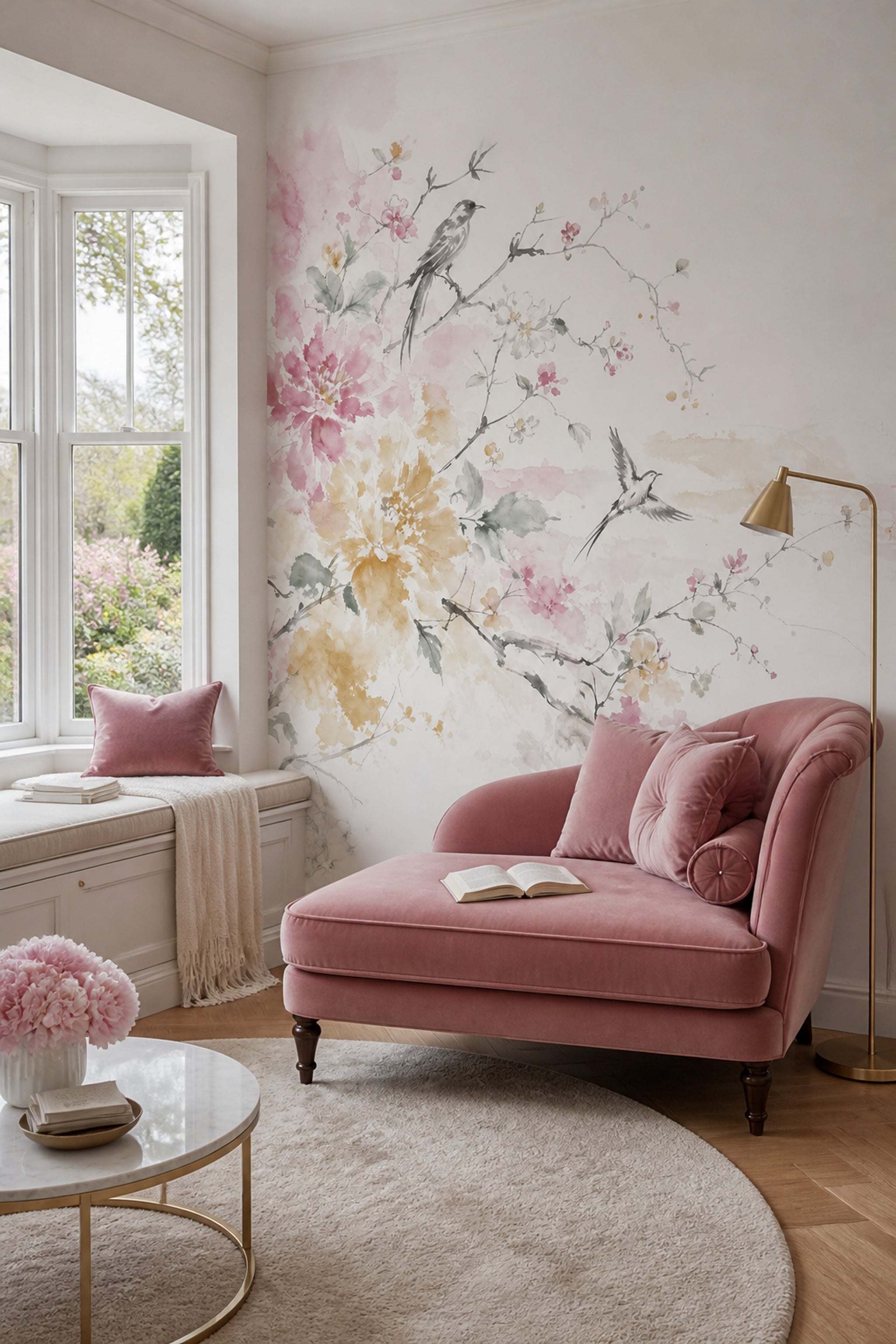 White Background Wallpaper Floral Botanical Removable Wall Decor