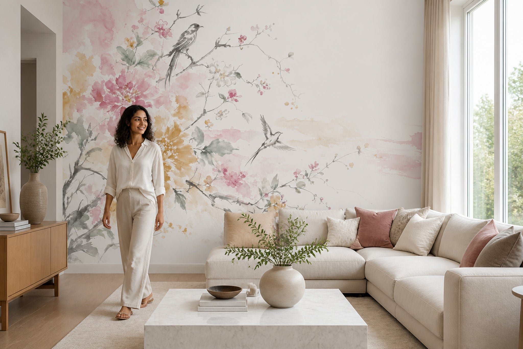 White Background Wallpaper Floral Botanical Removable Wall Decor