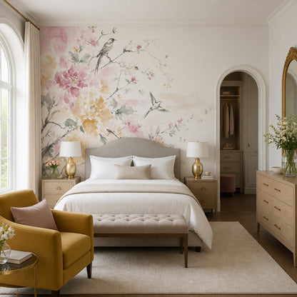 White Background Wallpaper Floral Botanical Removable Wall Decor