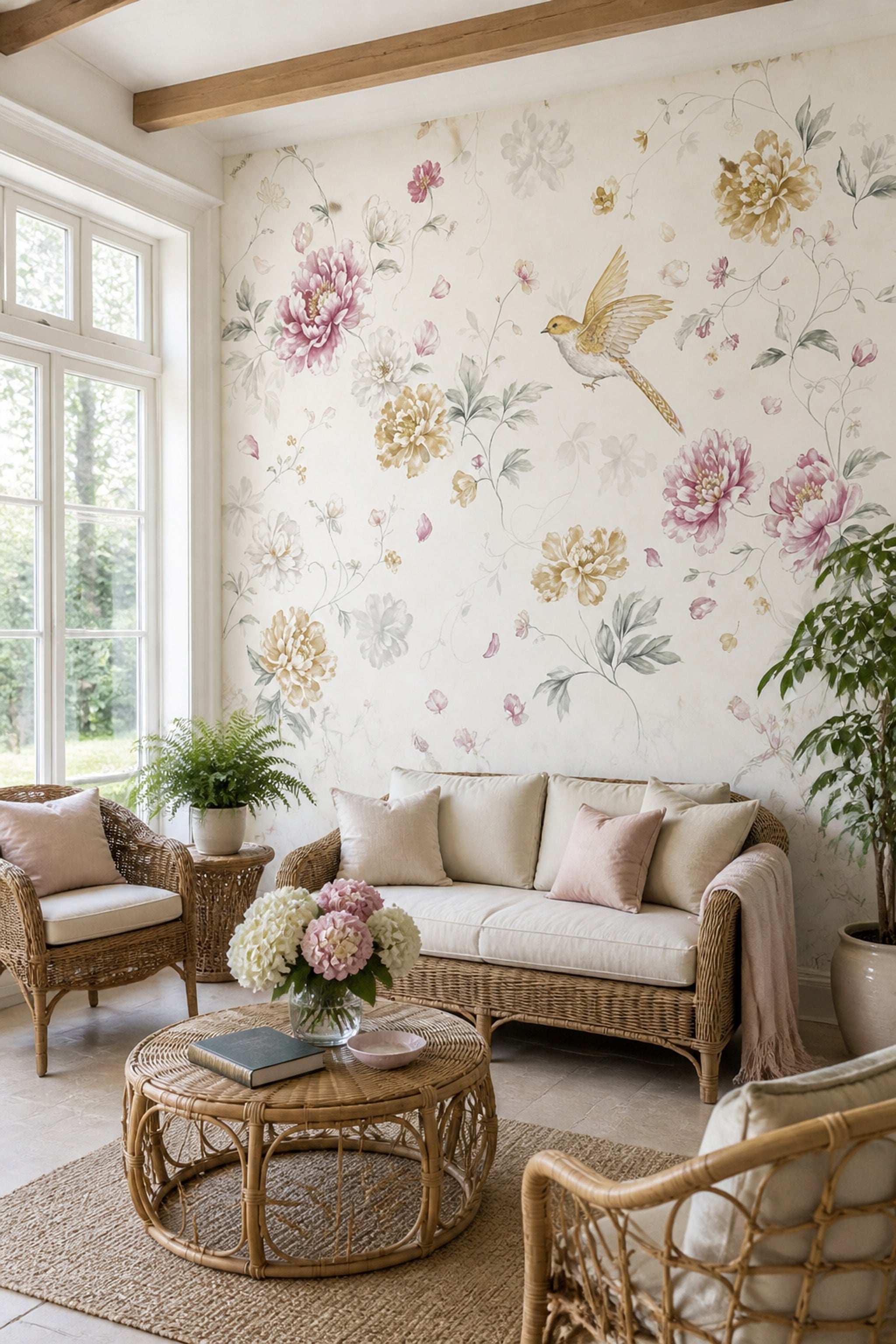 Peony Wallpaper Watercolor Removable Bird Wall Decor