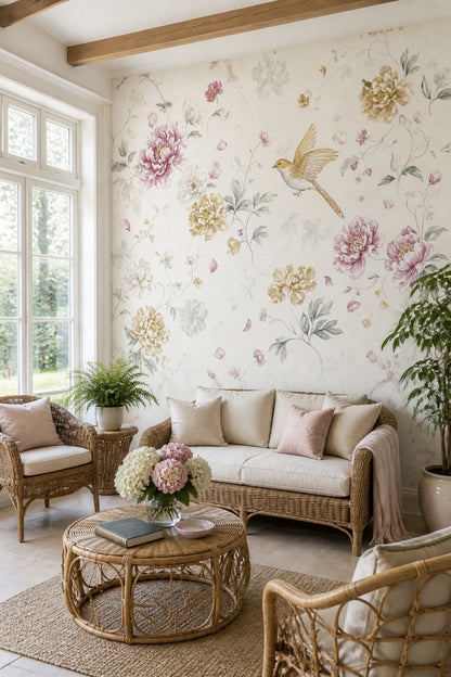 Peony Wallpaper Watercolor Removable Bird Wall Decor