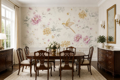 Peony Wallpaper Watercolor Removable Bird Wall Decor