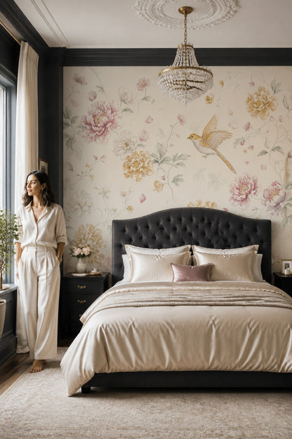 Peony Wallpaper Watercolor Removable Bird Wall Decor