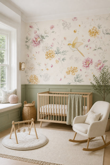 Peony Wallpaper Watercolor Removable Bird Wall Decor