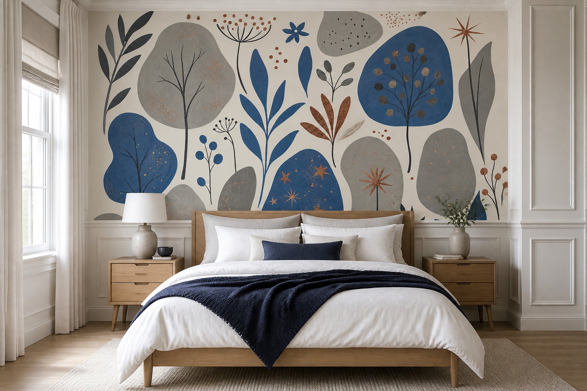 Abstract Floral Wallpaper Scandinavian Blue Leaves Wall Mural