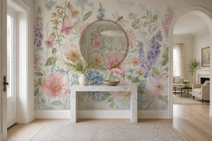 Watercolor Floral Wallpaper Botanical Garden Pastel Flowers Wall Mural