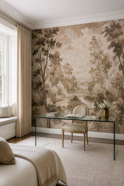 Sepia Landscape Wallpaper Woodland Removable Toile Wall Decor