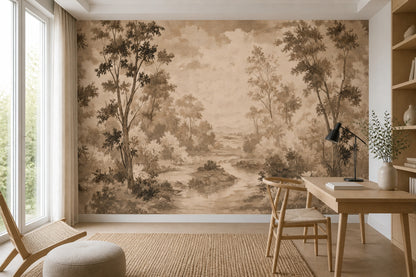 Sepia Landscape Wallpaper Woodland Removable Toile Wall Decor