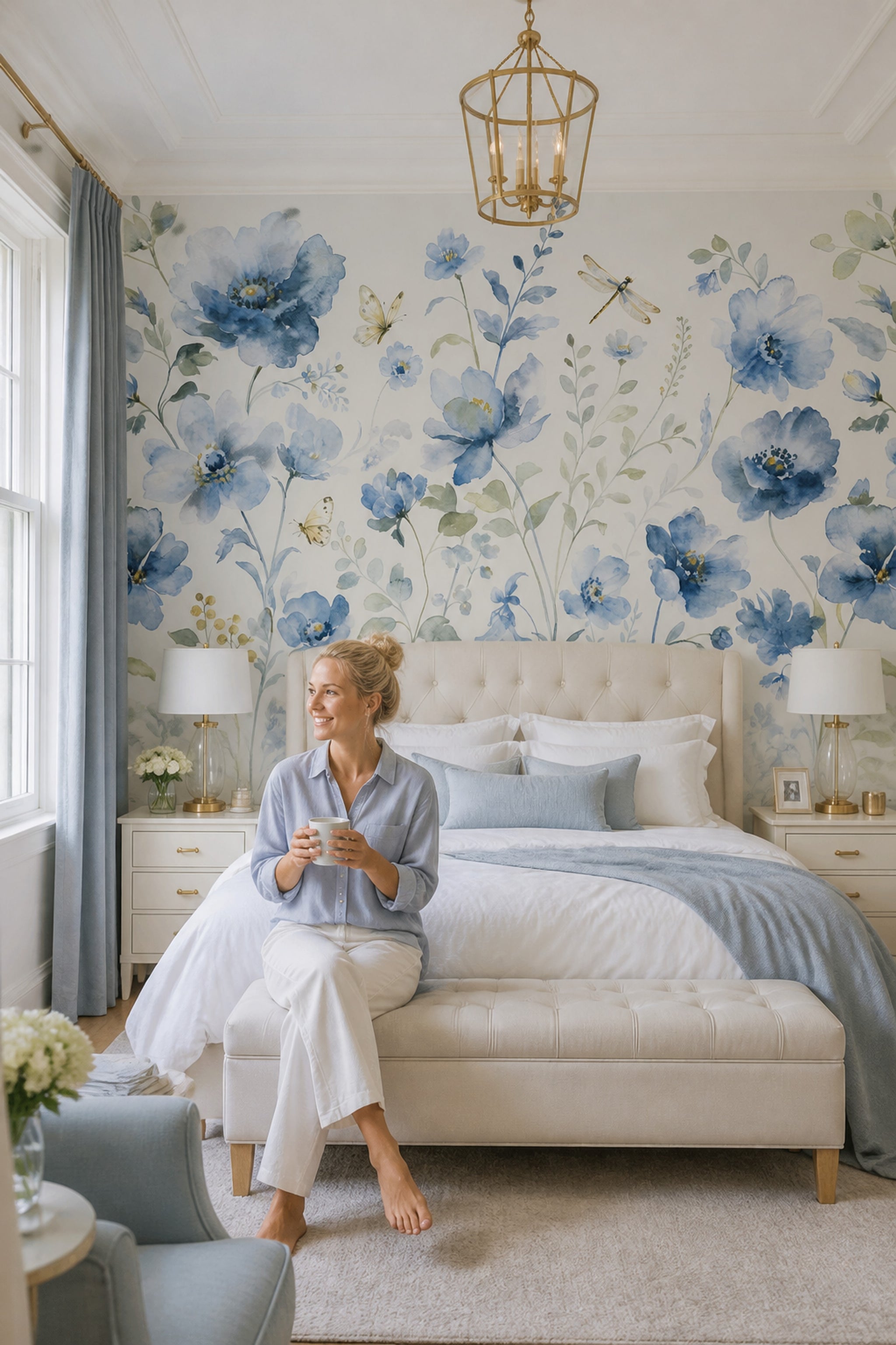 White Background Wallpaper Botanical Watercolor Removable Wall Decor