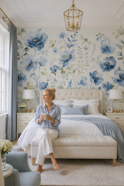White Background Wallpaper Botanical Watercolor Removable Wall Decor