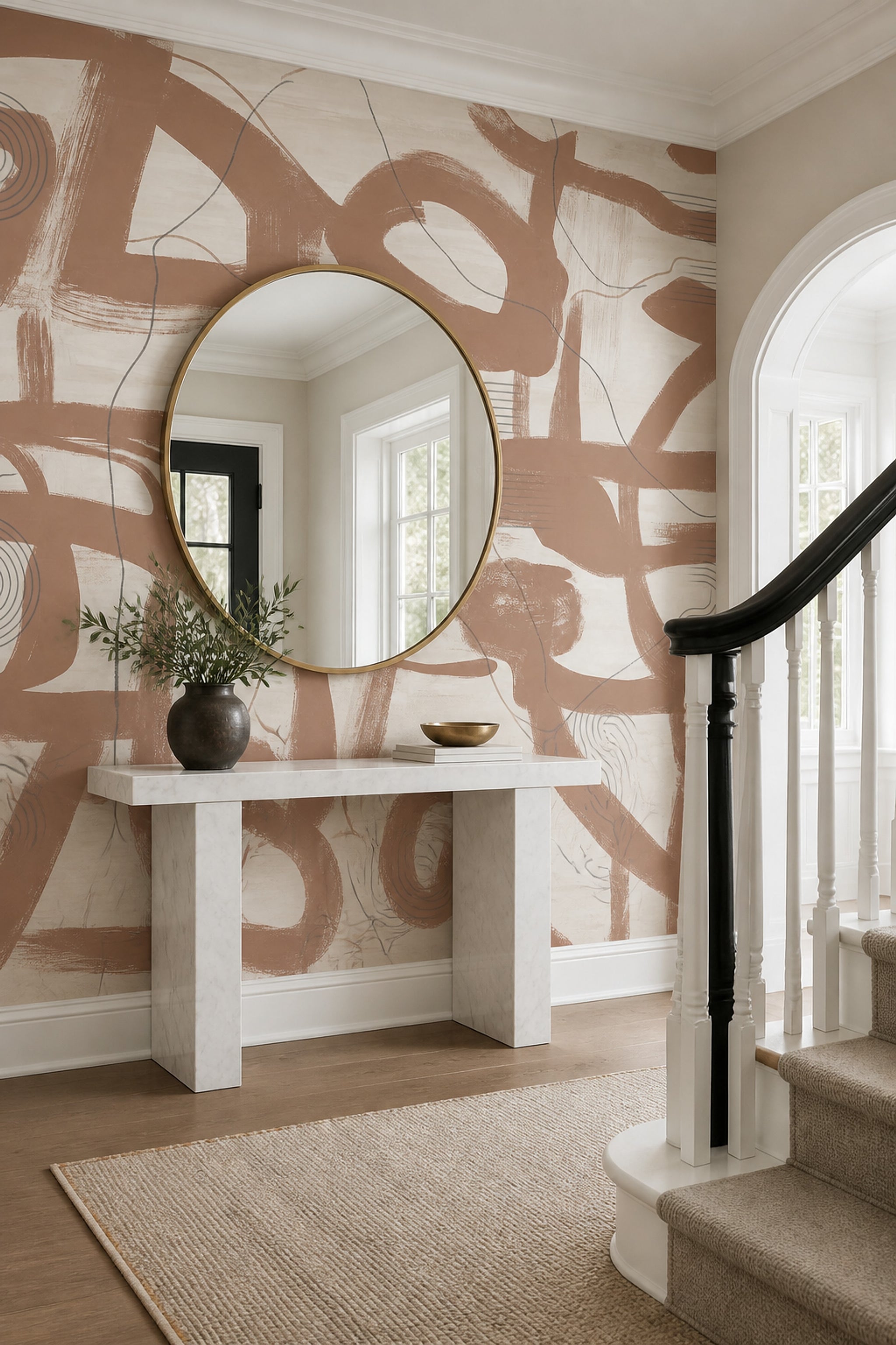 Brown Brushstrokes Wallpaper Cream Background Linework Wall Mural