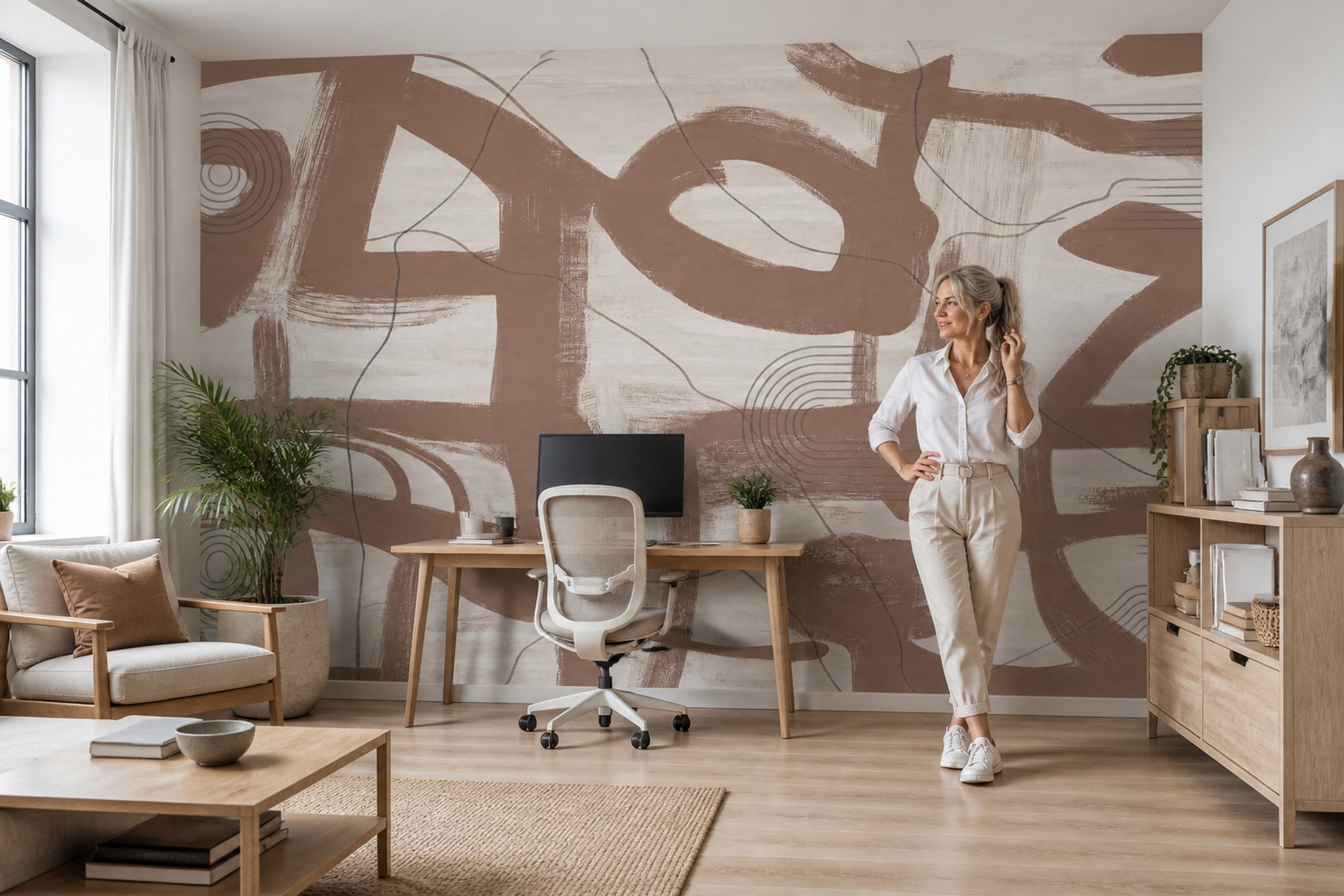 Brown Brushstrokes Wallpaper Cream Background Linework Wall Mural