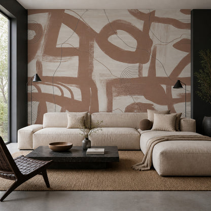 Brown Brushstrokes Wallpaper Cream Background Linework Wall Mural