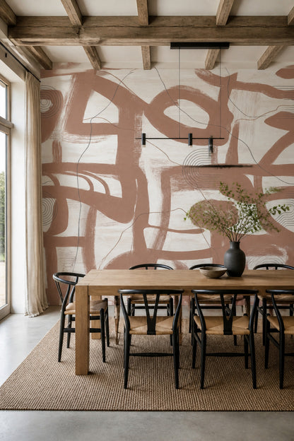 Brown Brushstrokes Wallpaper Cream Background Linework Wall Mural