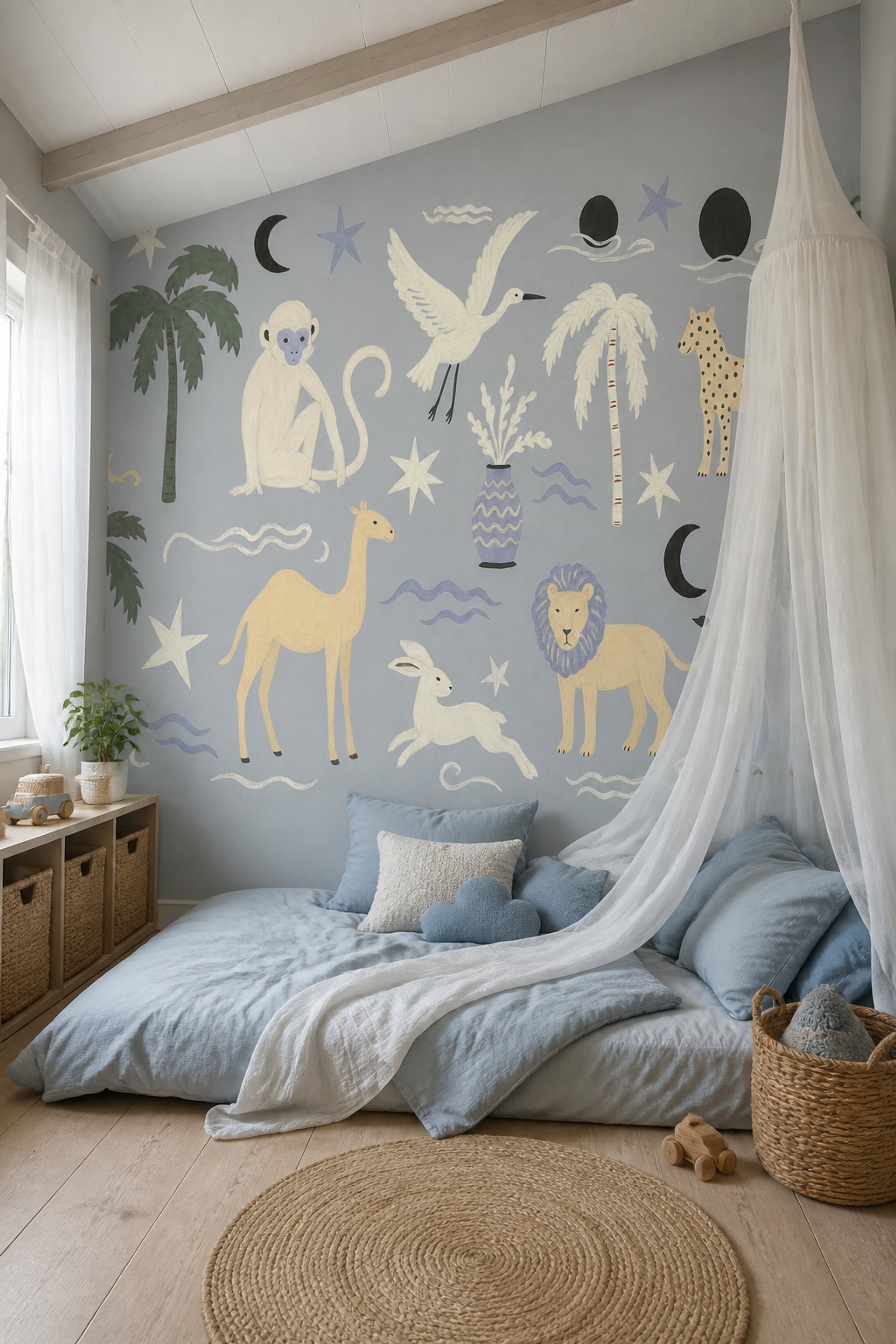 Tropical Safari Wallpaper Painted Animals Removable Celestial Motifs Wall Decor