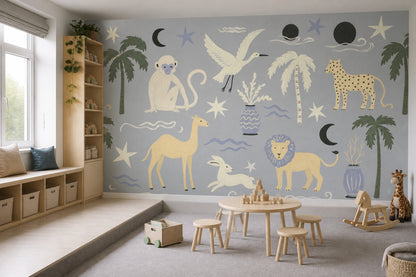 Tropical Safari Wallpaper Painted Animals Removable Celestial Motifs Wall Decor