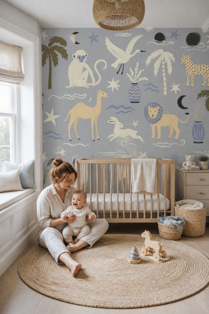 Tropical Safari Wallpaper Painted Animals Removable Celestial Motifs Wall Decor