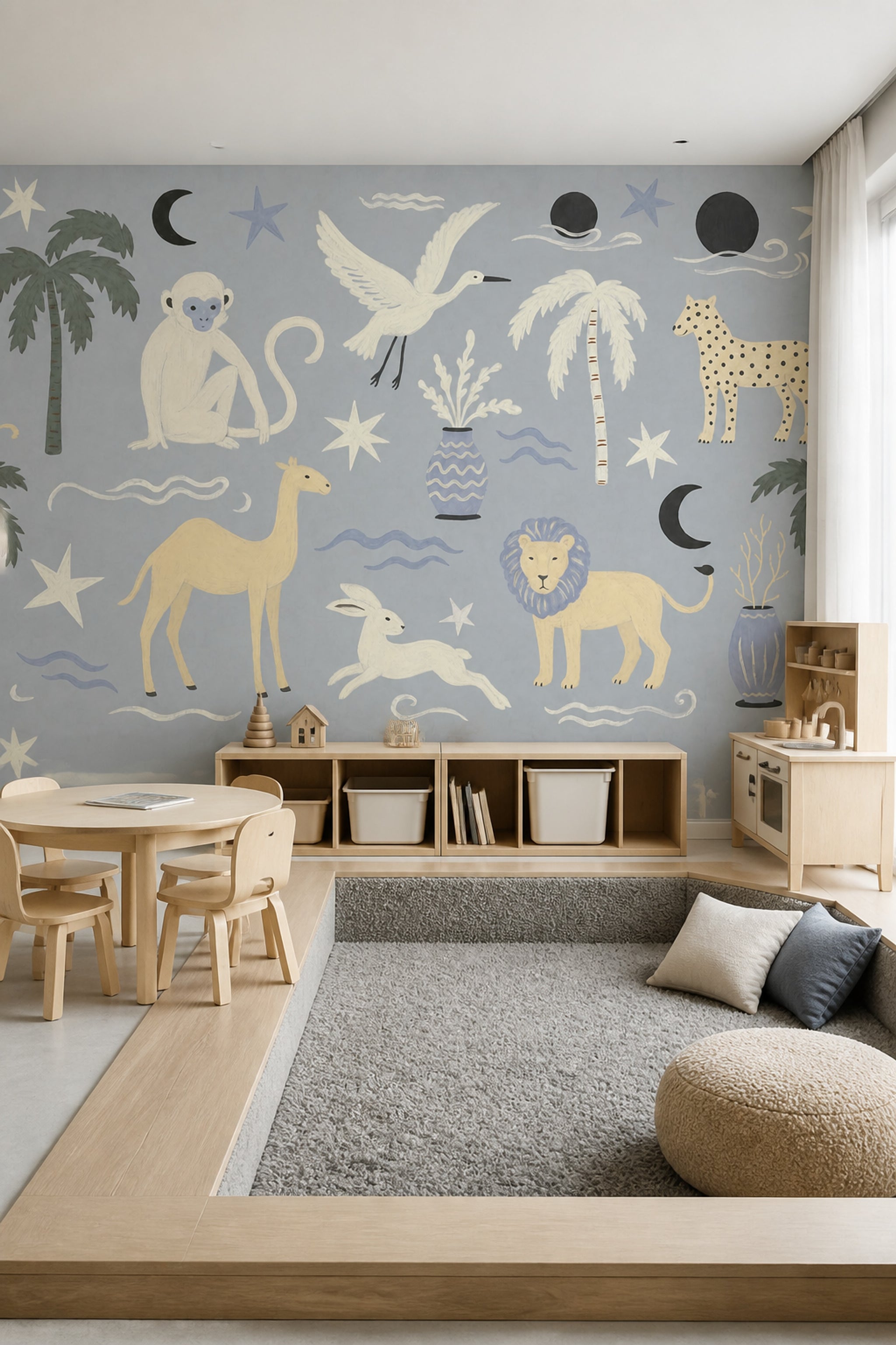 Tropical Safari Wallpaper Painted Animals Removable Celestial Motifs Wall Decor