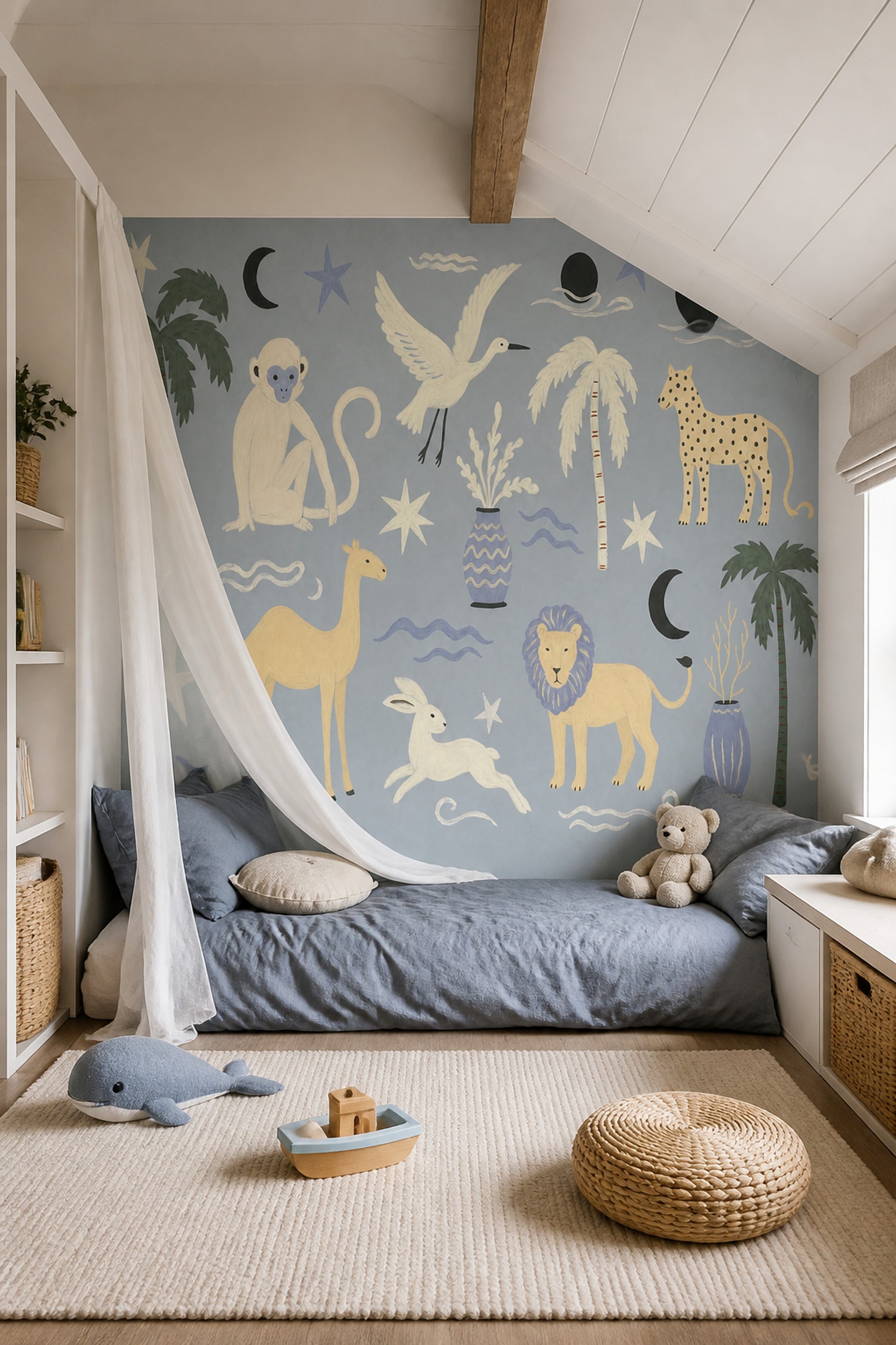 Tropical Safari Wallpaper Painted Animals Removable Celestial Motifs Wall Decor
