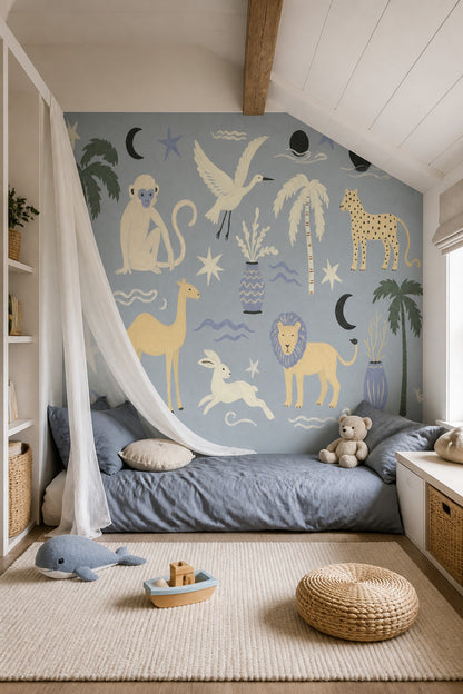 Tropical Safari Wallpaper Painted Animals Removable Celestial Motifs Wall Decor