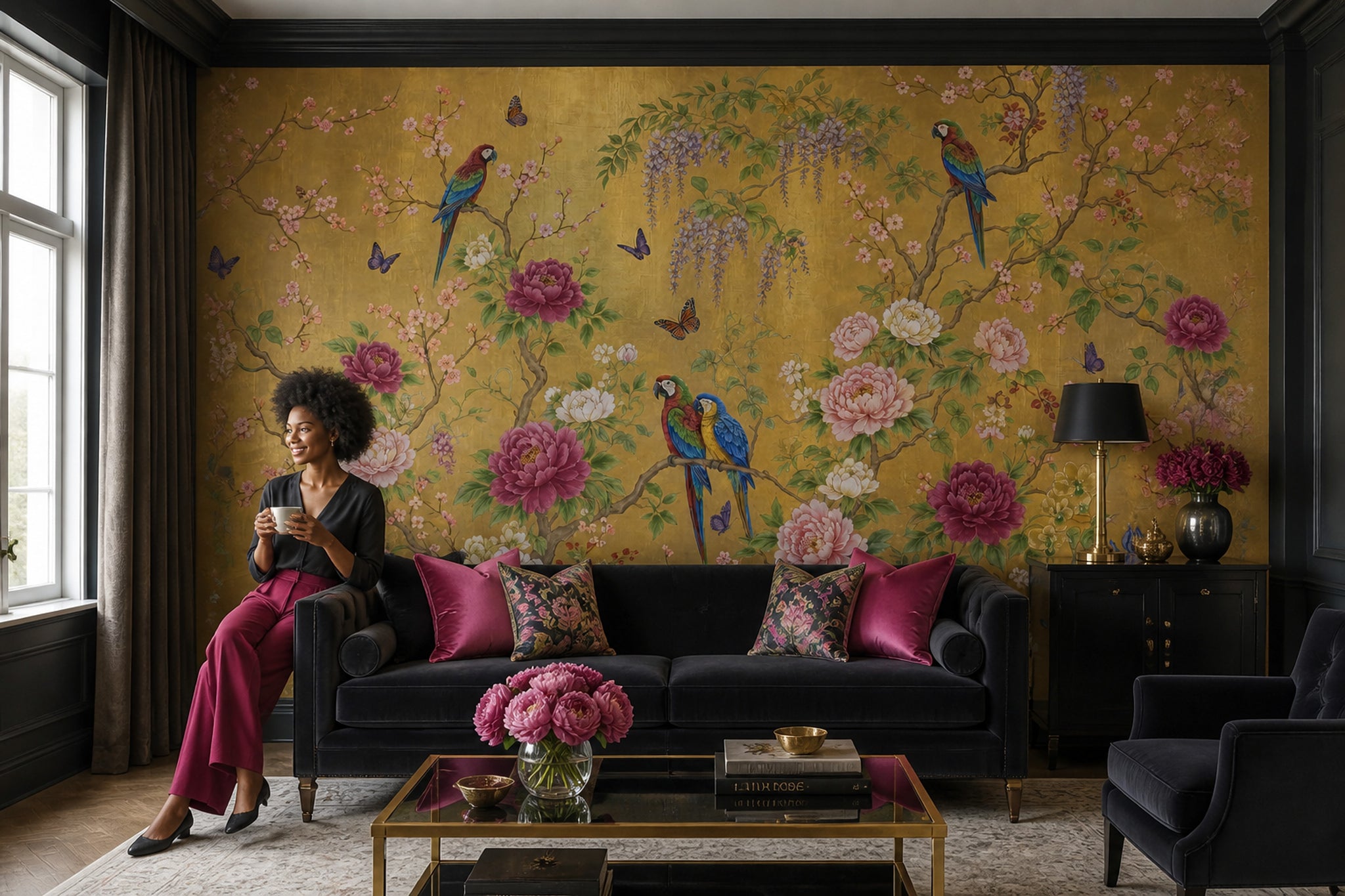 Pink Cherry Wallpaper Cherry Blossom Parrot Wall Mural
