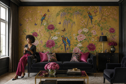 Pink Cherry Wallpaper Cherry Blossom Parrot Wall Mural