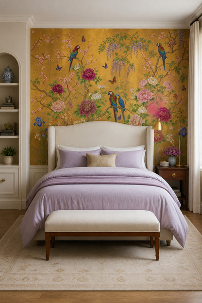 Pink Cherry Wallpaper Cherry Blossom Parrot Wall Mural