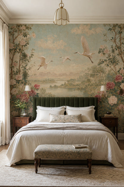 Chinoiserie Wallpaper Cranes Removable Peonies Wall Decor