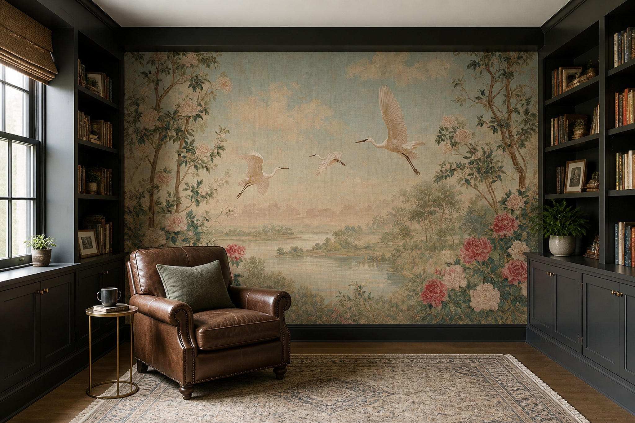 Chinoiserie Wallpaper Cranes Removable Peonies Wall Decor