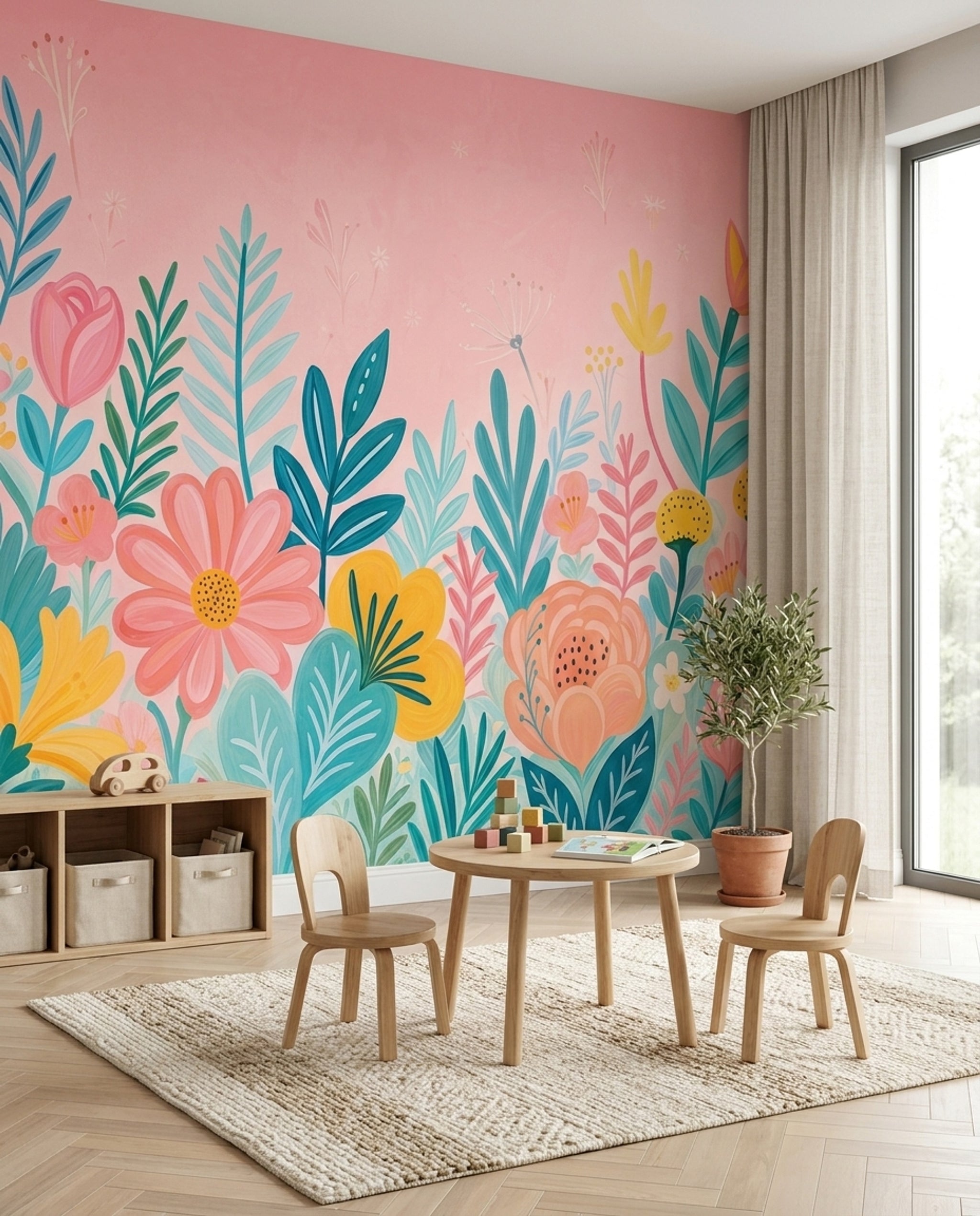 Floral Wallpaper Botanical Pink Wall Mural