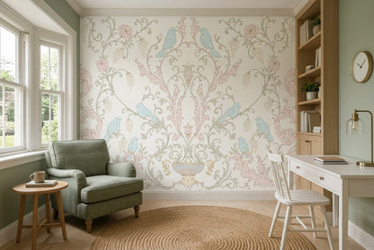 Floral Damask Wallpaper Birds Removable Pastel Wall Decor
