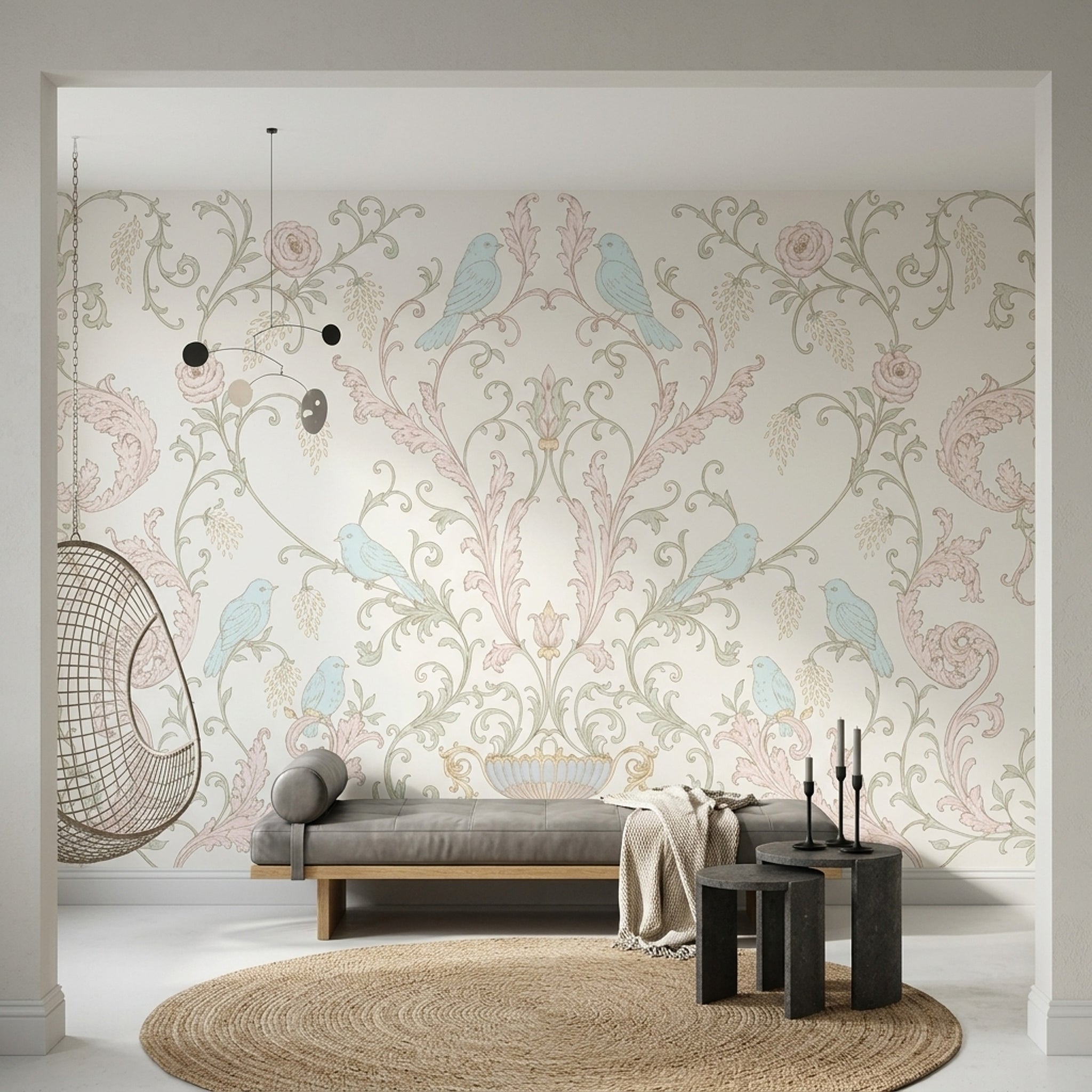 Floral Damask Wallpaper Birds Removable Pastel Wall Decor