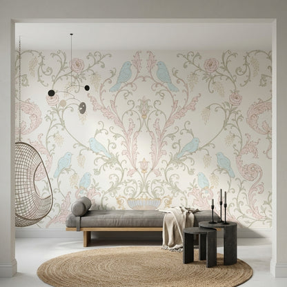 Floral Damask Wallpaper Birds Removable Pastel Wall Decor