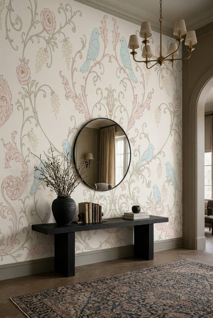 Floral Damask Wallpaper Birds Removable Pastel Wall Decor