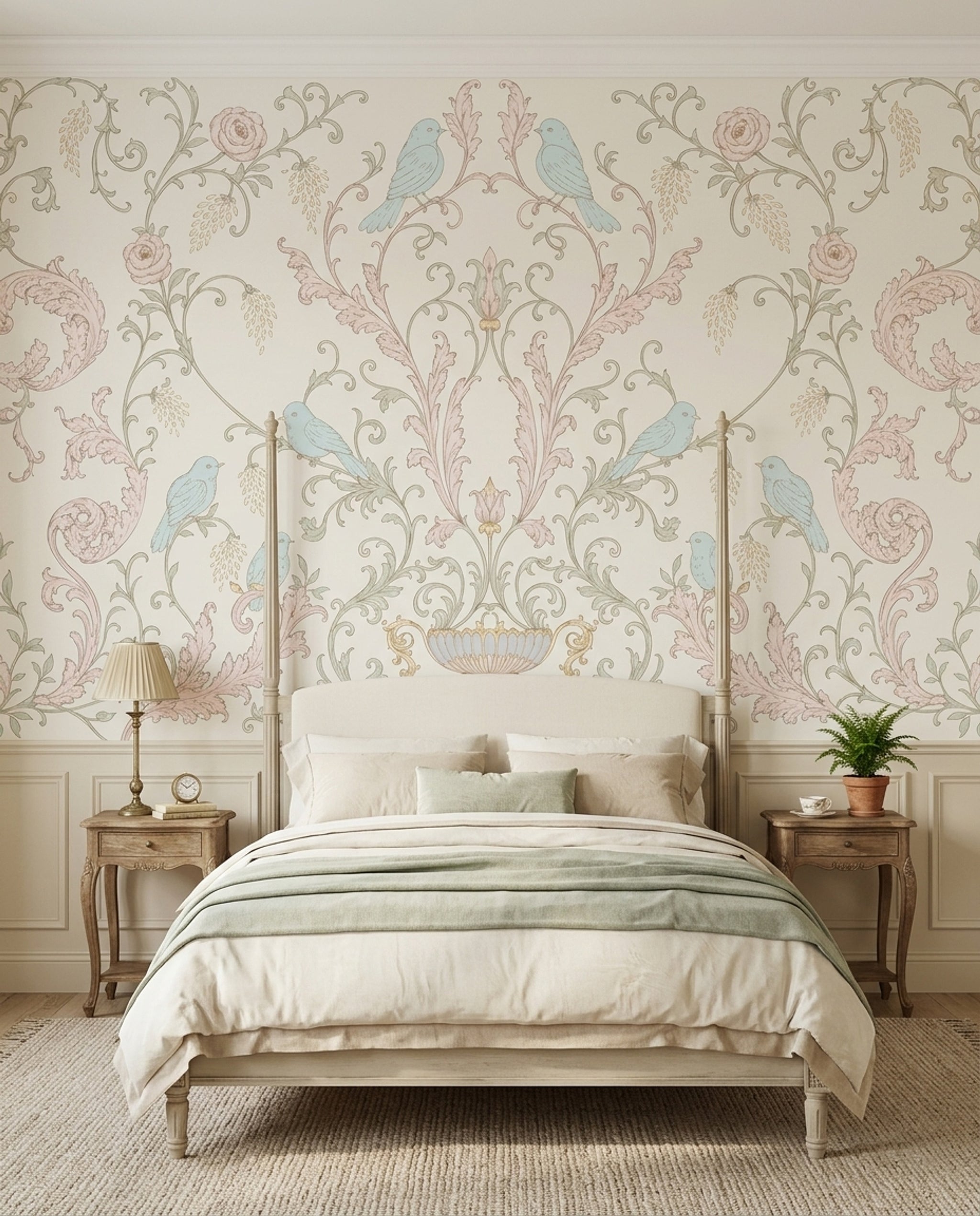Floral Damask Wallpaper Birds Removable Pastel Wall Decor