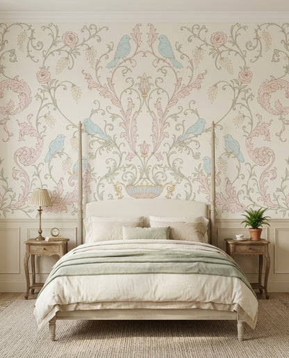 Floral Damask Wallpaper Birds Removable Pastel Wall Decor