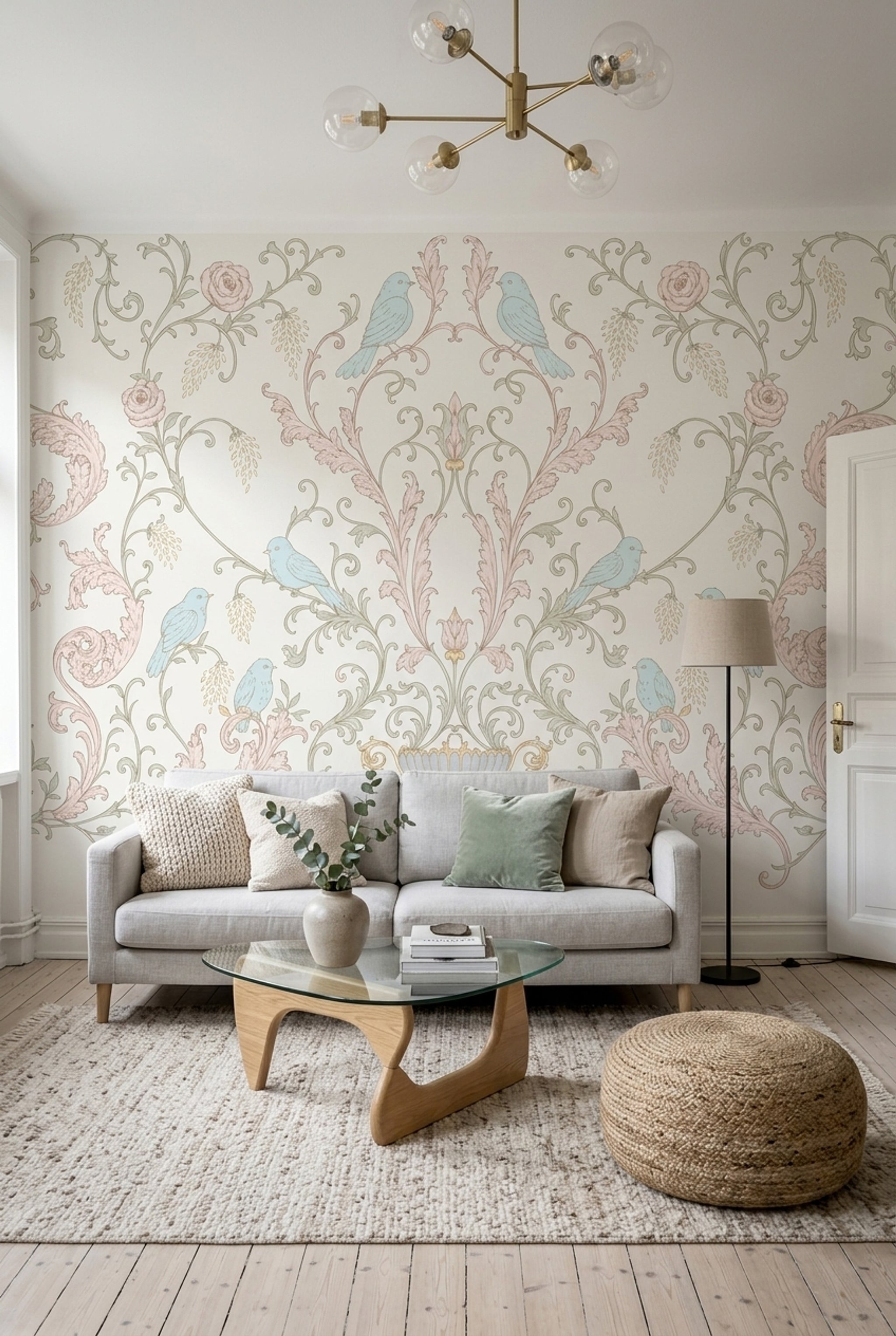 Floral Damask Wallpaper Birds Removable Pastel Wall Decor